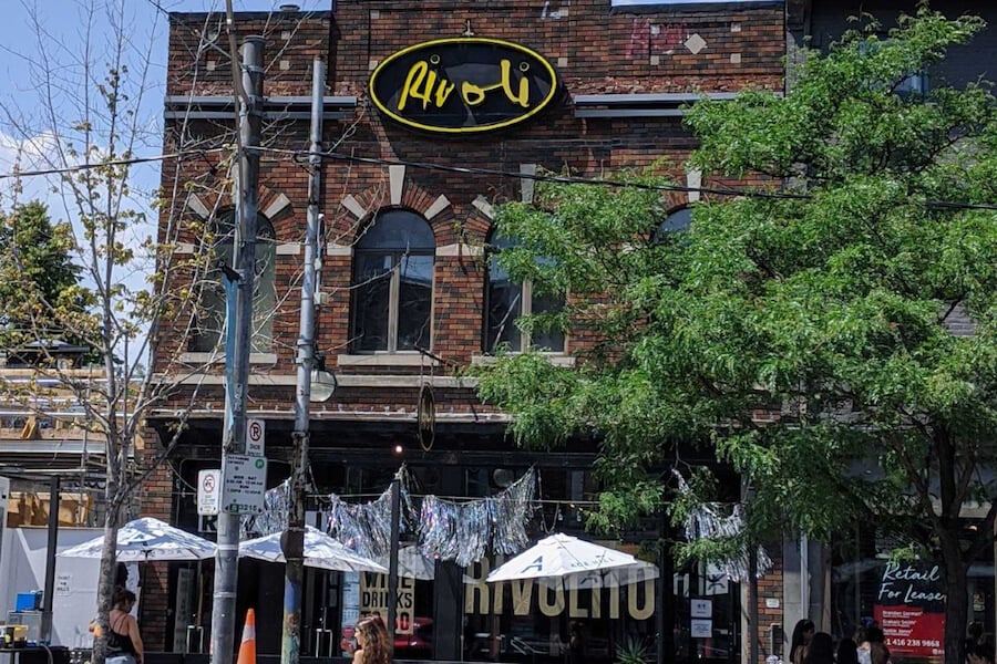 alt="The Rivoli bar and music venue on Queen West in Toronto in summer 2020"