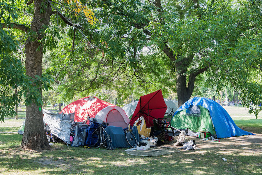 A photo of an encampment in Trinity Bellwoods Park in Toronto in August 2020