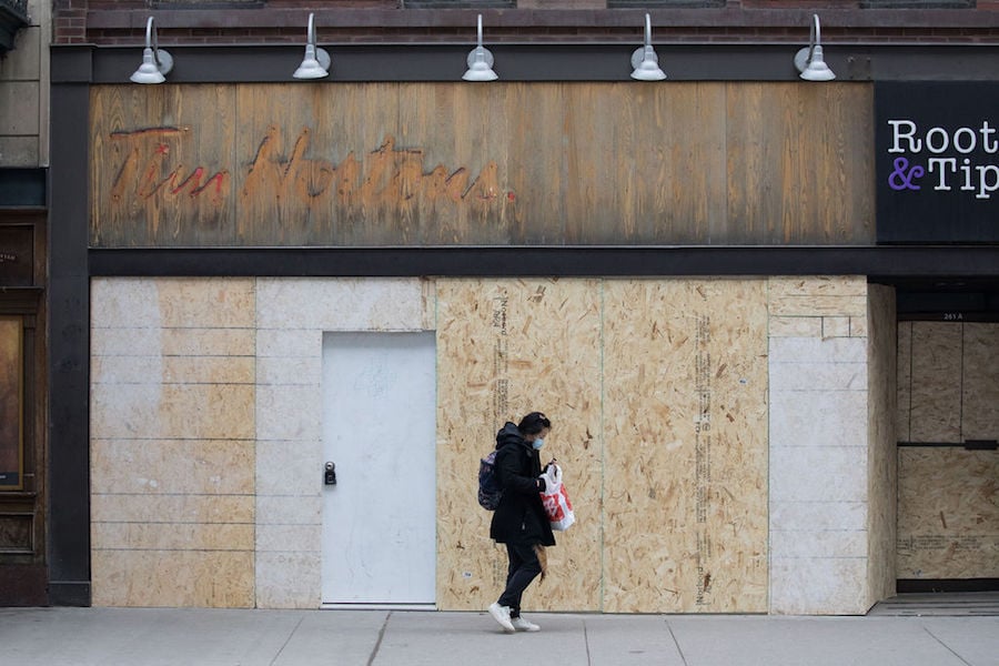 A photo of a former Tim Hortons in Toronto during COVID-19 pandemic on January 15, 2021