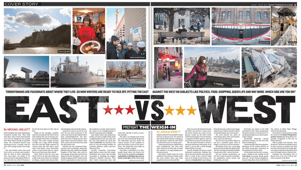 The cover story spread image in NOW's East Vs West feature from 2010