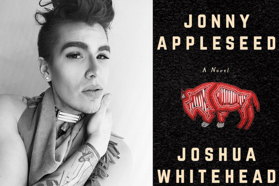 A photo of author Joshua Whitehead and the cover of his book Jonny Appleseed