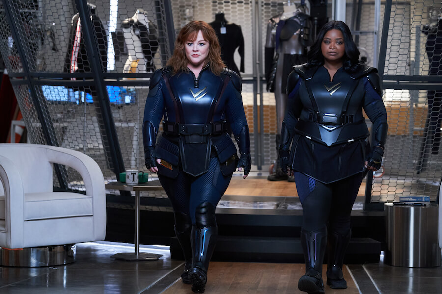 A photo of Melissa McCarthy and Octavia Spencer dressed as superheroes in Thunder Force