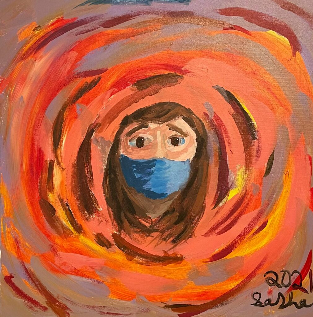 A photo of Alexandra Kim's painting, Self Portrait, created for the AGO's Portraits of Resilience