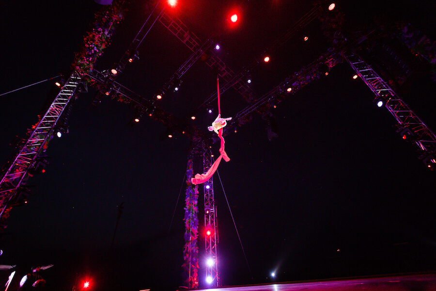 An aerial silk routine during Together Apart at Markham Fairgrounds Complex