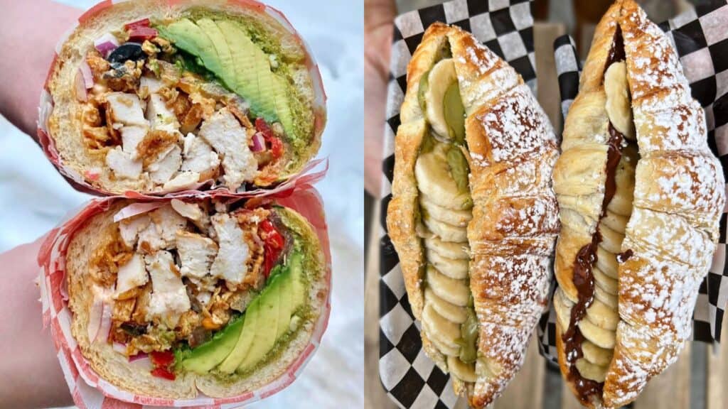 Fresh avocado chicken burrito with vegetables and sauce, served in a wrapped tortilla, on a table in Toronto.