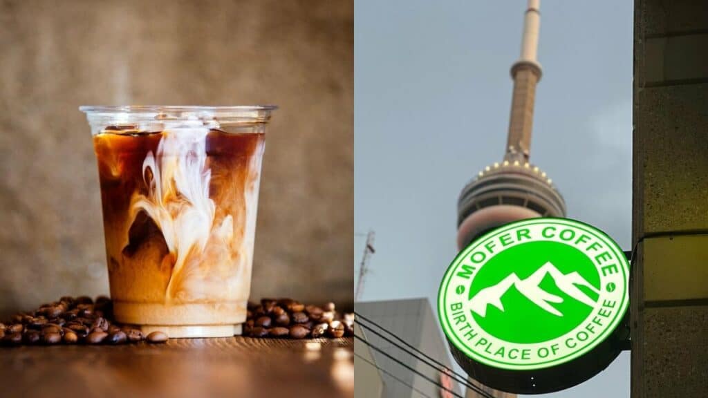 Creamy iced coffee with swirling milk and coffee beans surrounding it, perfect for coffee lovers in Toronto.