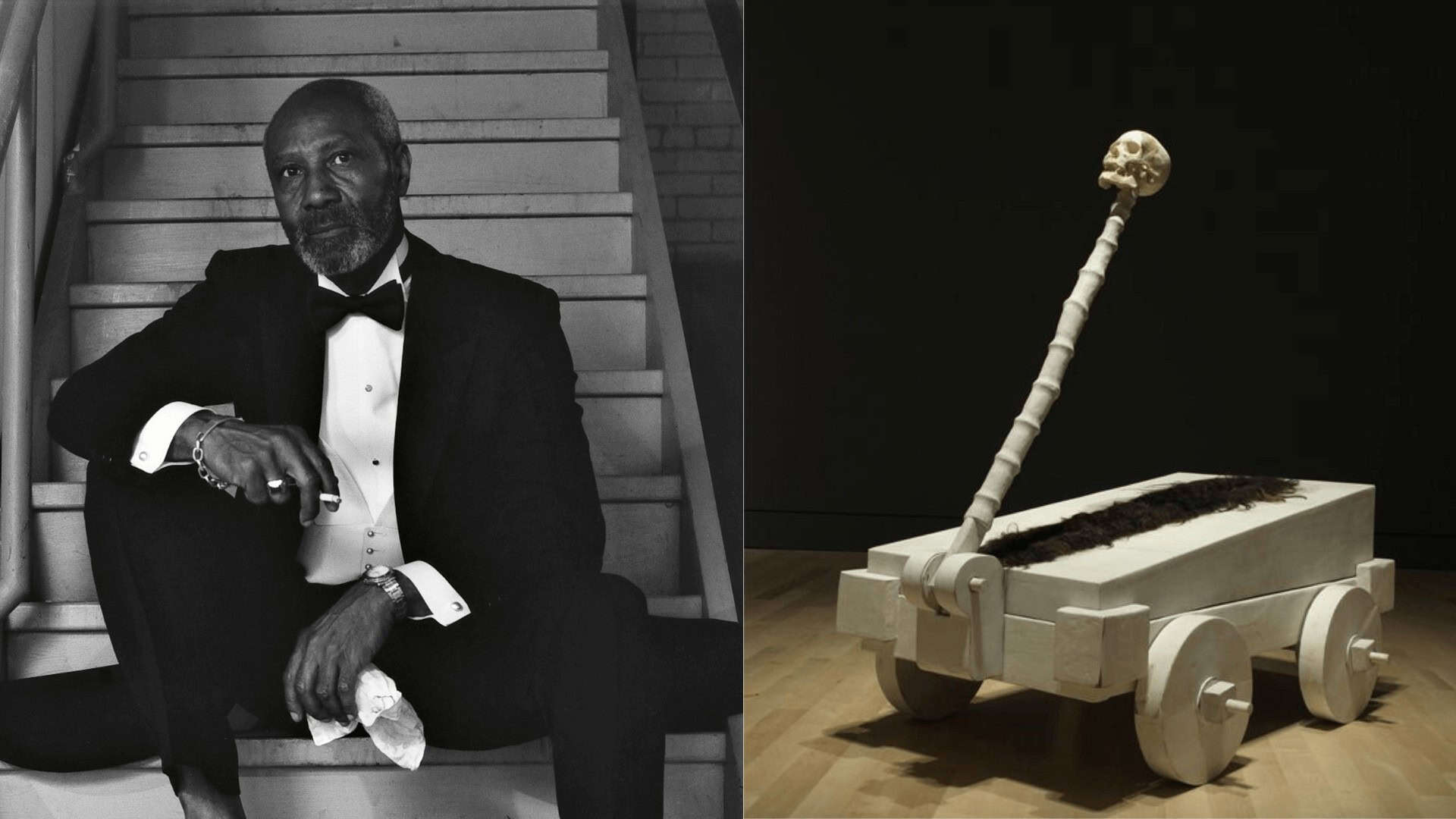 Elegant black tuxedo man with a bow tie sitting on stairs next to a modern art piece of a skeleton on a wooden cart.