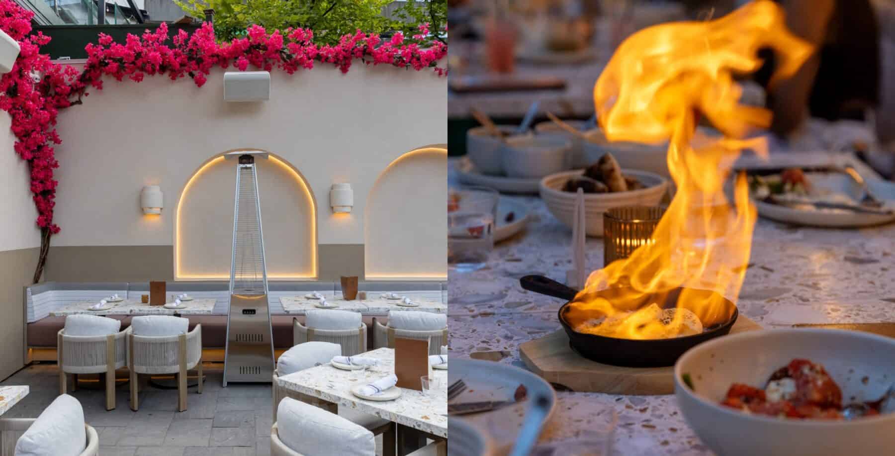 Modern outdoor restaurant patio with pink bougainvillaea, stylish white and beige seating, and ambient lighting; plus close-up of flaming culinary presentation on a dinner table in Toronto.
