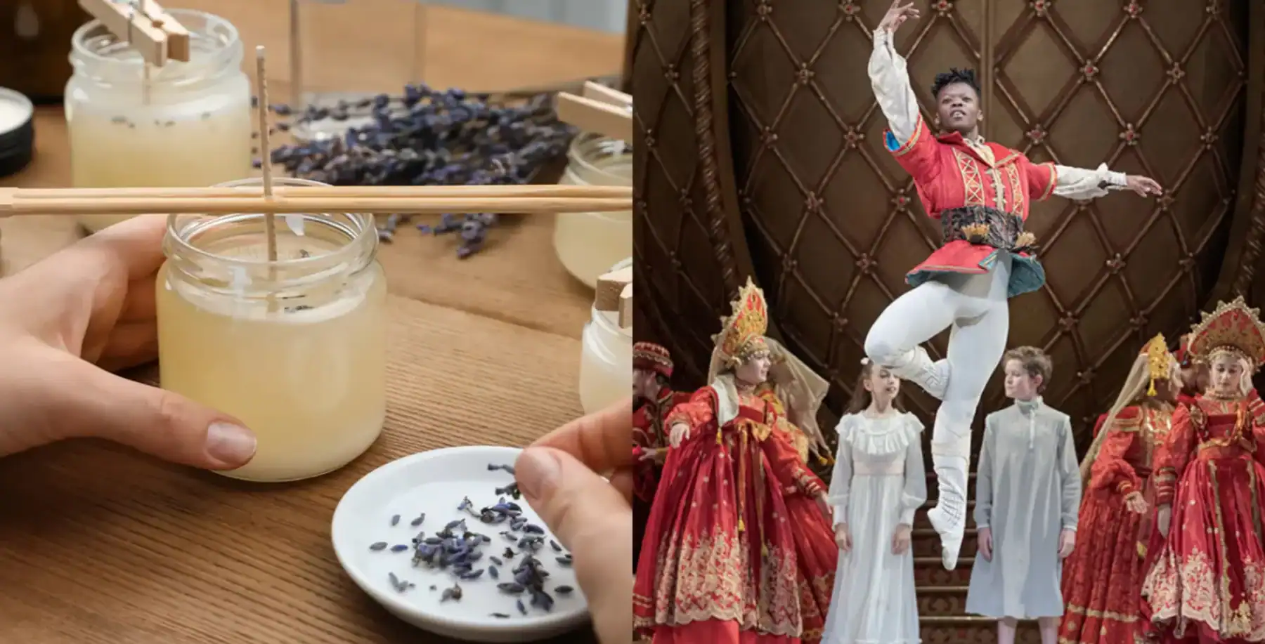 Lavender infused candle making with dried lavender and candles. | Traditional Flamenco dance performance with dancers in elaborate costumes on stage at a theatre. | Beautifully artistic scene.