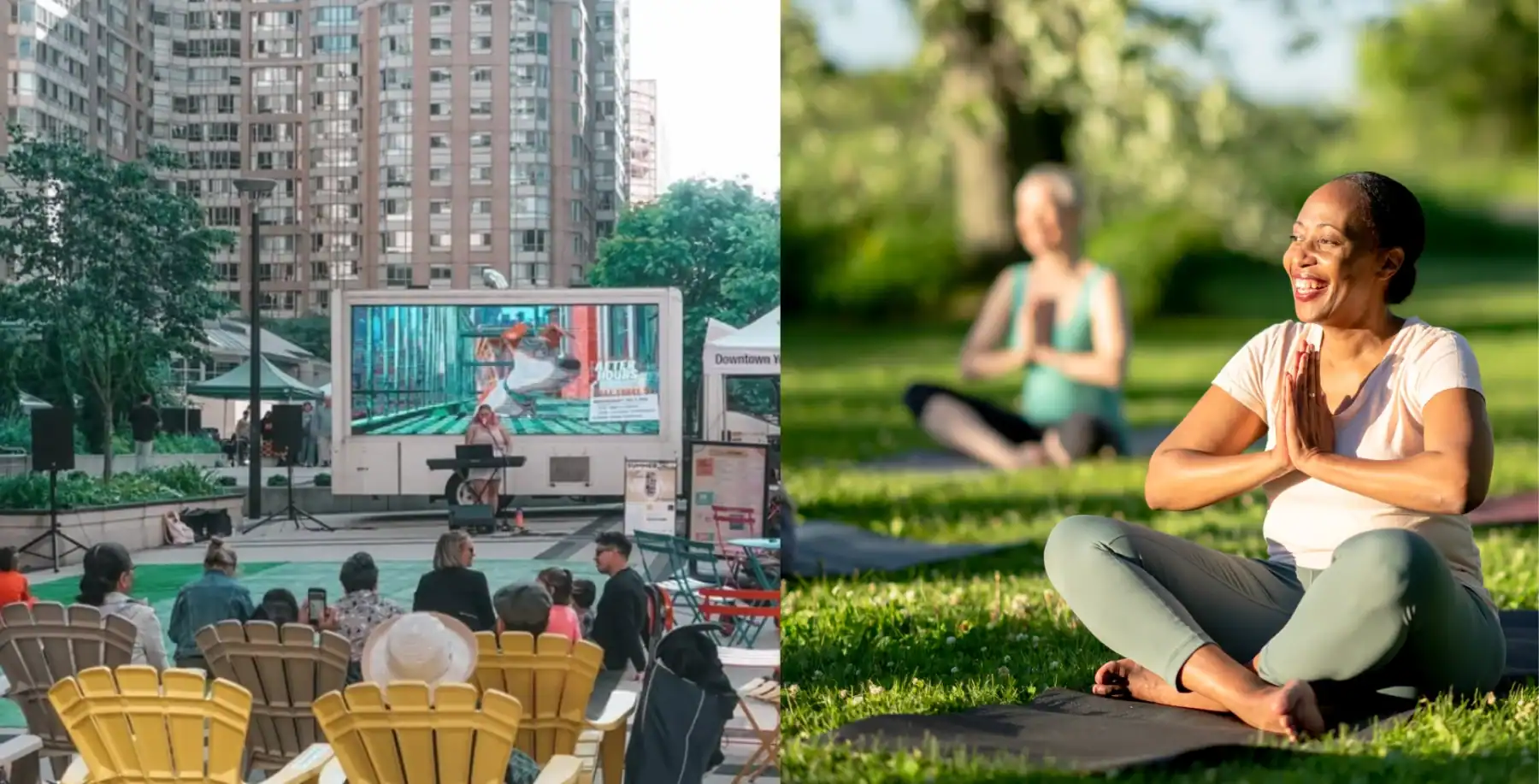 People attending an outdoor concert in downtown Toronto and practicing yoga in a park, highlighting community activities and wellness in Toronto.