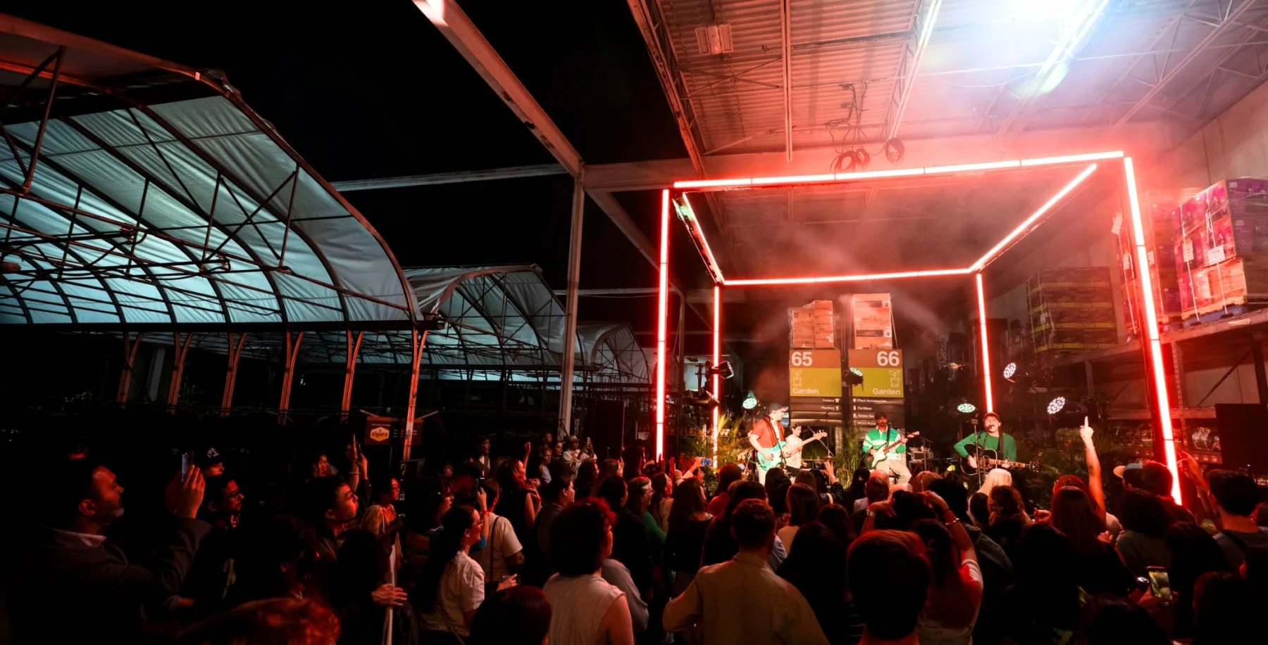 Vibrant live music performance at an outdoor Toronto event with a lively crowd, illuminated stage, and modern stage design featuring neon lights, showcasing Toronto's arts and entertainment scene.