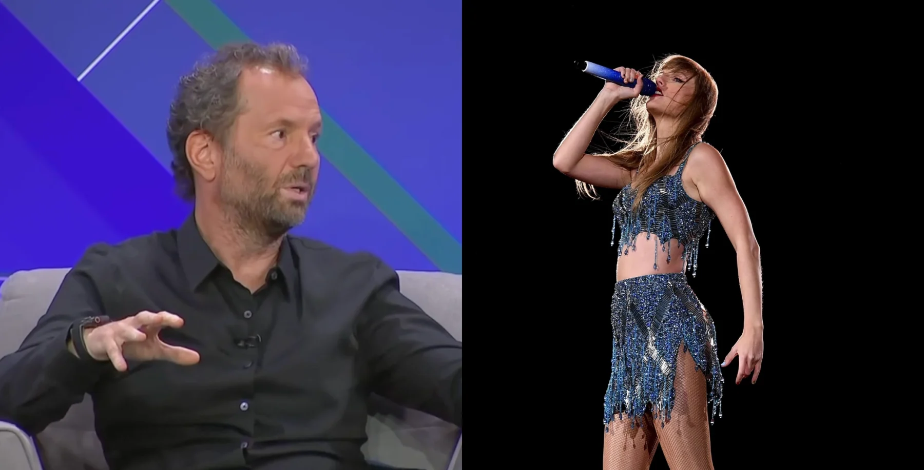 Vodcast of two people, one man with curly hair and beard in a black shirt speaking on set, and a female singer with long hair performing in a shimmering blue outfit on stage.