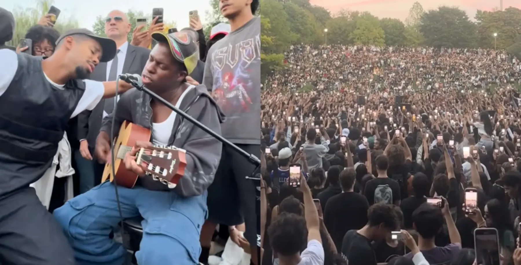 Youth street performer playing guitar at outdoor event in Toronto, vibrant crowd enjoying live music, energetic atmosphere, diverse audience, and urban park setting.