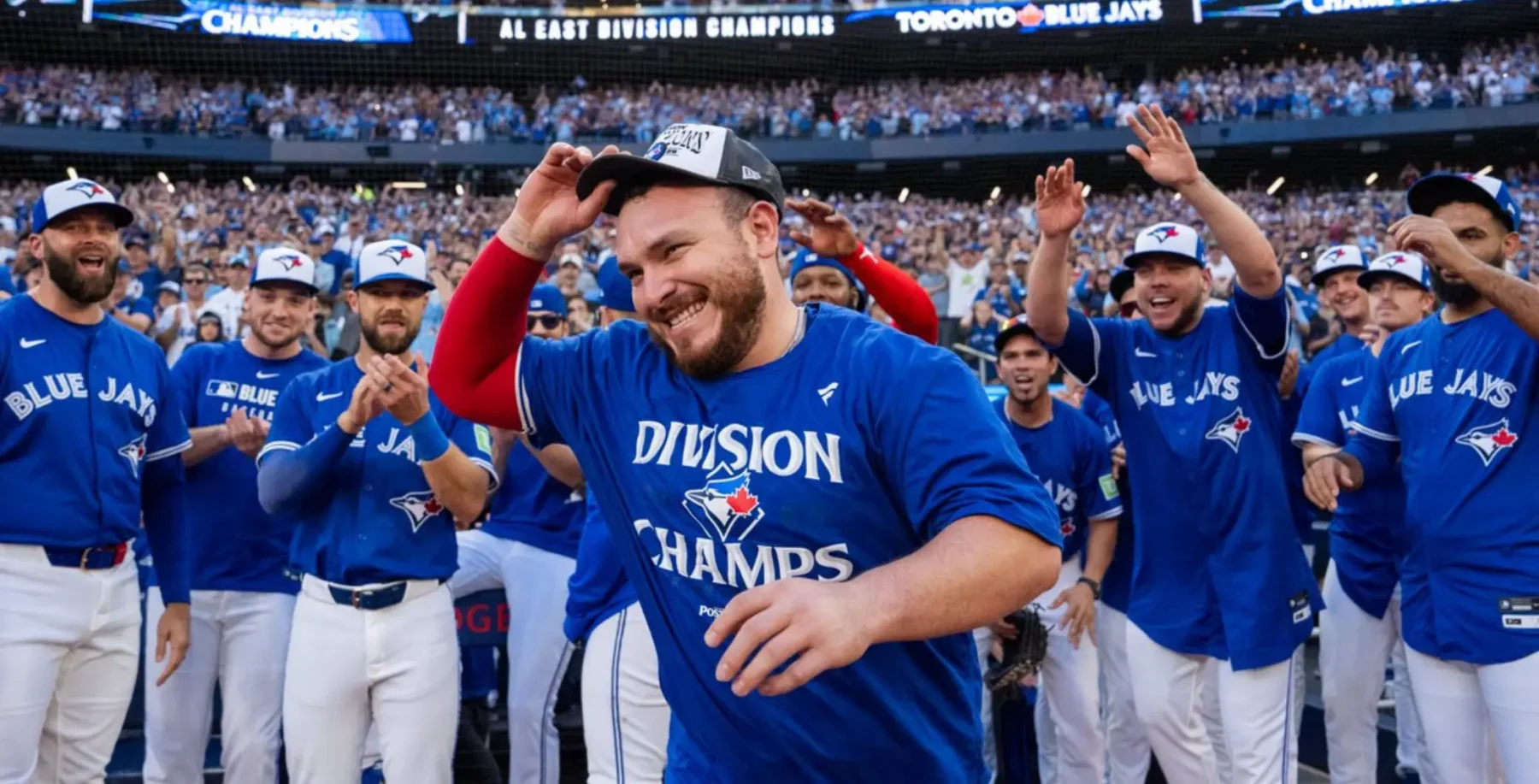 Celebrating Toronto Blue Jays victory at Rogers Centre with team victory parade and fans.