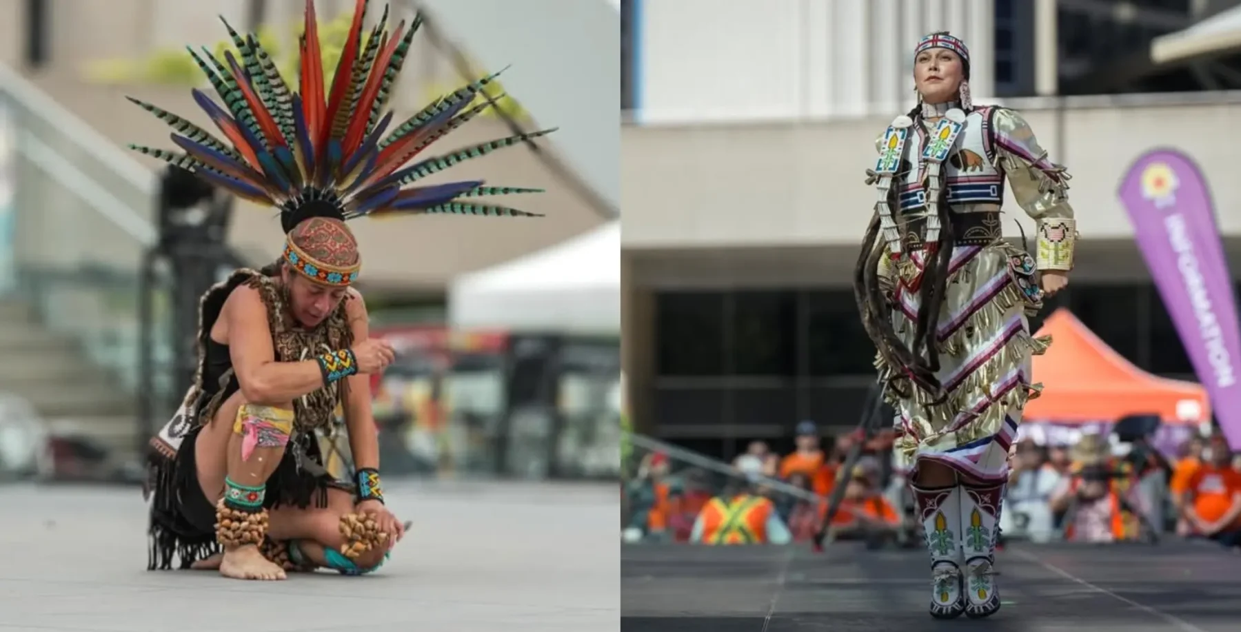Colourful Indigenous dancers performing at a cultural event in Toronto.