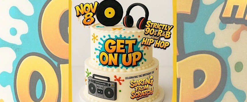 Vibrant birthday cake celebrating 90s R&B and hip hop with musical-themed decorations, featuring words like "Get On Up" and "Starting from Scratch," perfect for Toronto party events.