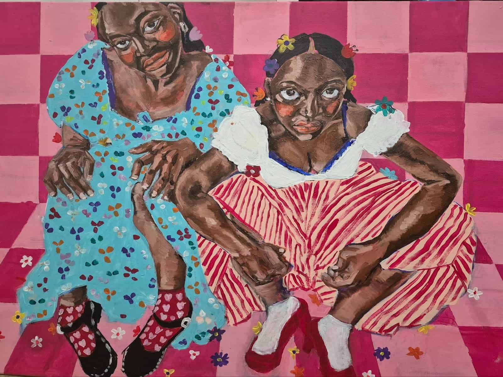 Vibrant painting of two young girls with dark skin, one seated on the floor with legs crossed and holding her shoes, the other leaning on her arm, set against a pink checkered background, showcasing modern artistic style.