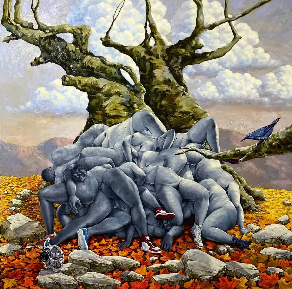 Vivid mural featuring a surreal scene of intertwined human bodies with a large, ancient tree and colorful birds in a natural landscape, showcasing contemporary street art in Toronto.