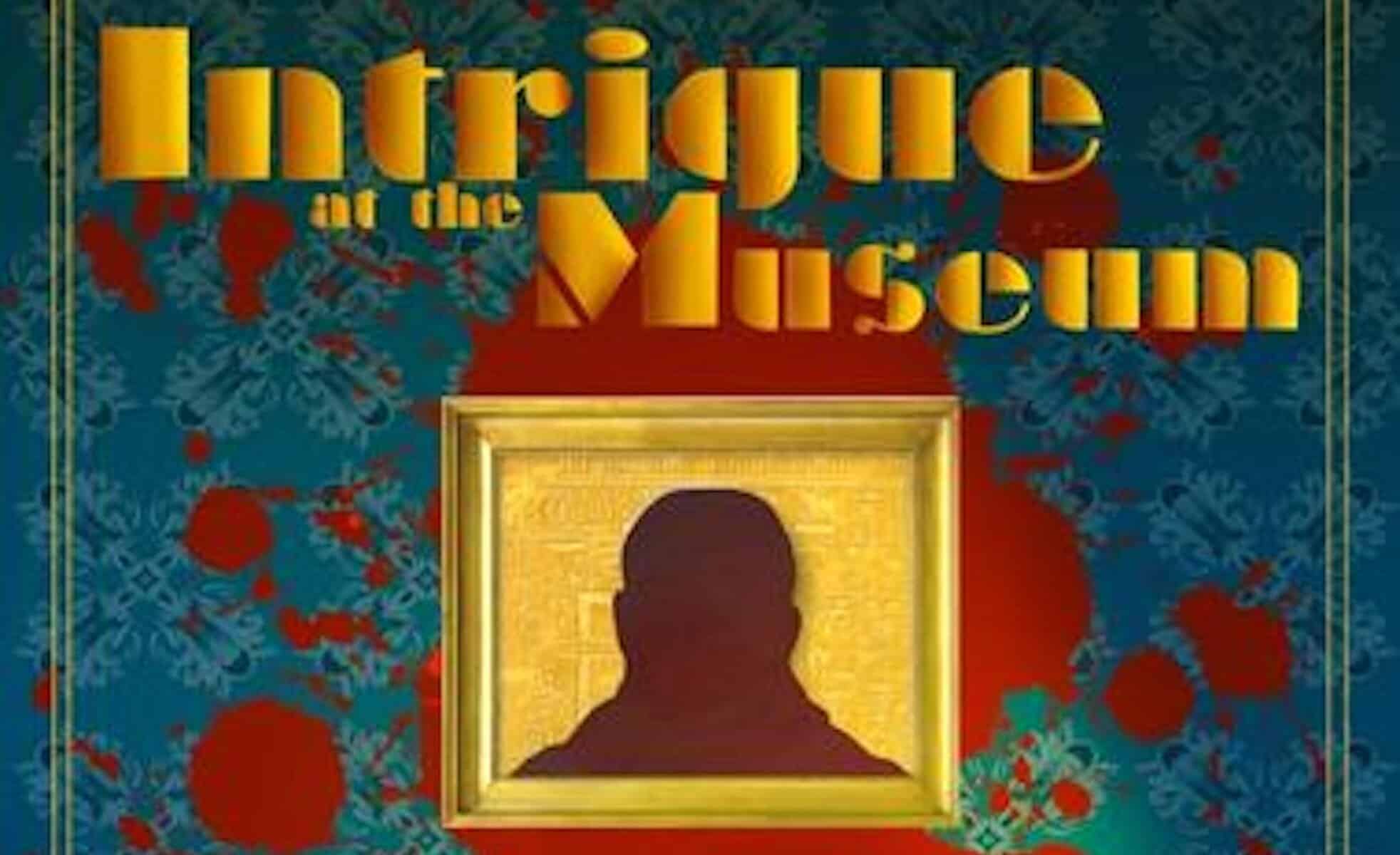 Intrigue at the Sound album cover with a silhouette portrait framed in gold, vibrant red and blue patterned background, promoting jazz music and artistic expression.