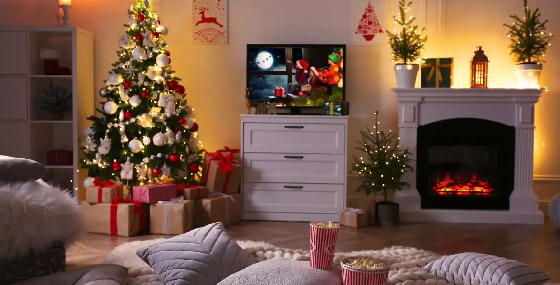 Decorated Christmas tree with presents, cozy living room with fireplace, holiday lights, and festive decor in Toronto, Canada. Perfect for seasonal entertainment and family gatherings.