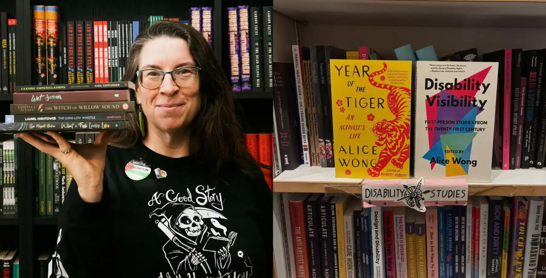 Colorful Toronto bookstore scene, featuring women holding books and surrounded by diverse titles on disability studies and activism, highlighting inclusive literature.
