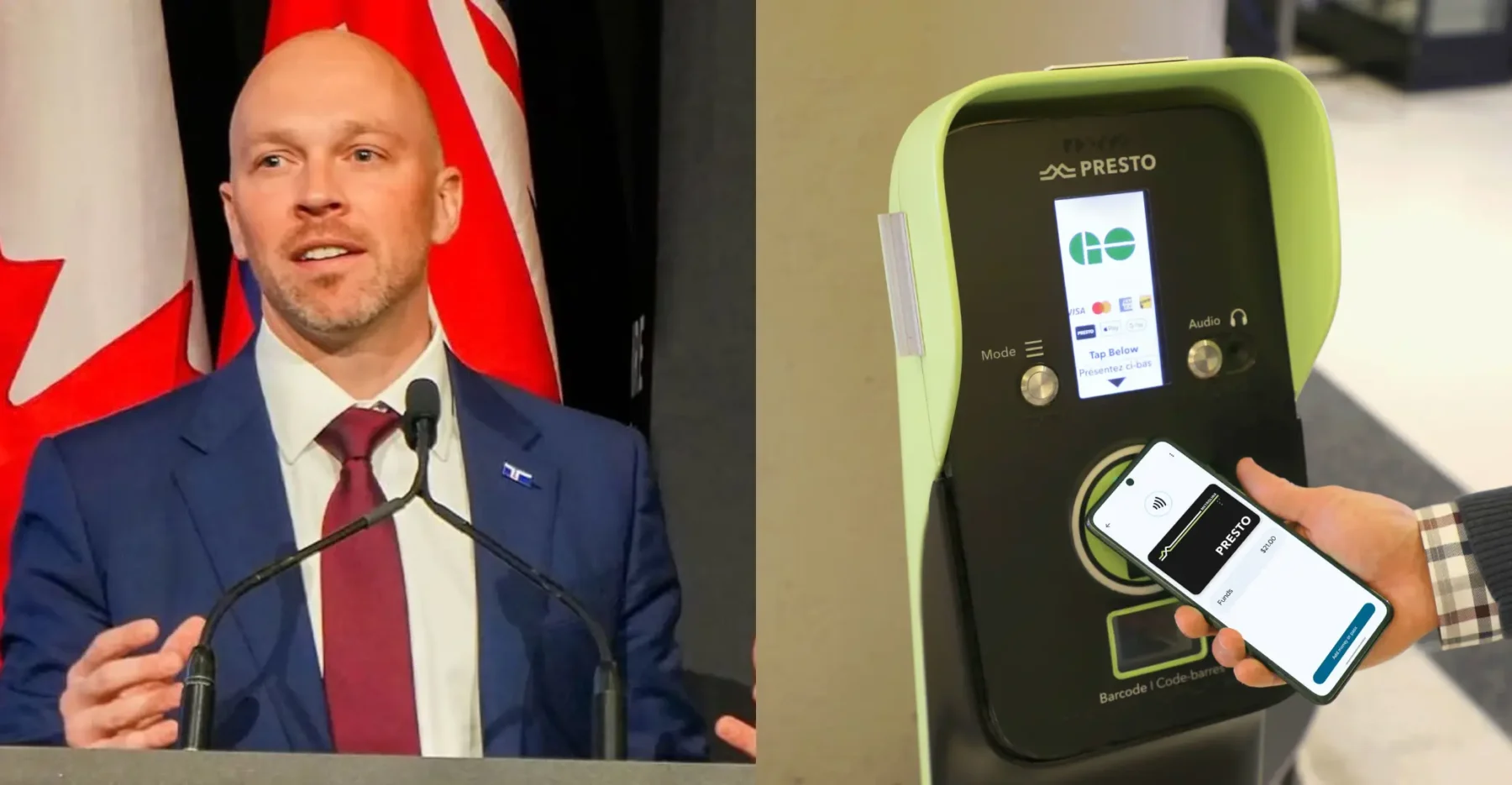 Canadian politician speaking at a press conference; contactless payment terminal with smartphone payment in Toronto; nowtoronto.com news image.