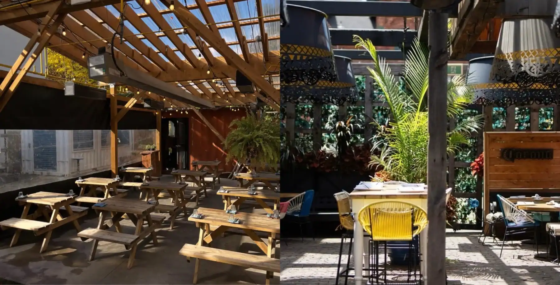 Rustic outdoor dining patio at NOW Toronto restaurant with wooden furniture and string lights, offering a cozy atmosphere for food lovers and dining enthusiasts.