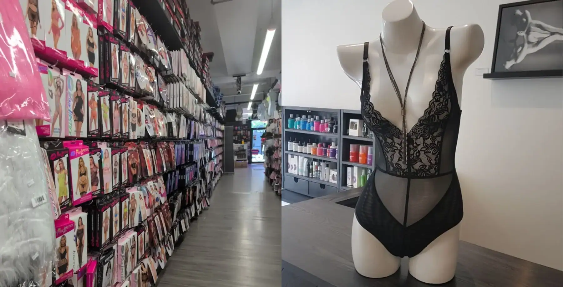 Colorful adult costume aisle with various outfits on shelves, and a mannequin torso dressed in black lace lingerie with jewelry in a modern retail store.