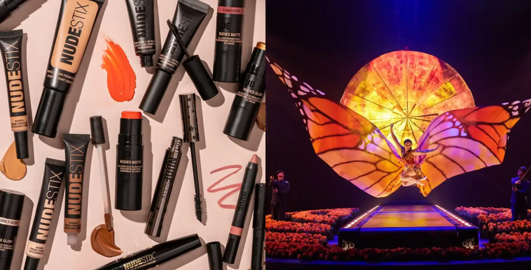 Vibrant makeup products including concealers, lipsticks, and blushes displayed on a flat surface with bold branding and swatches.