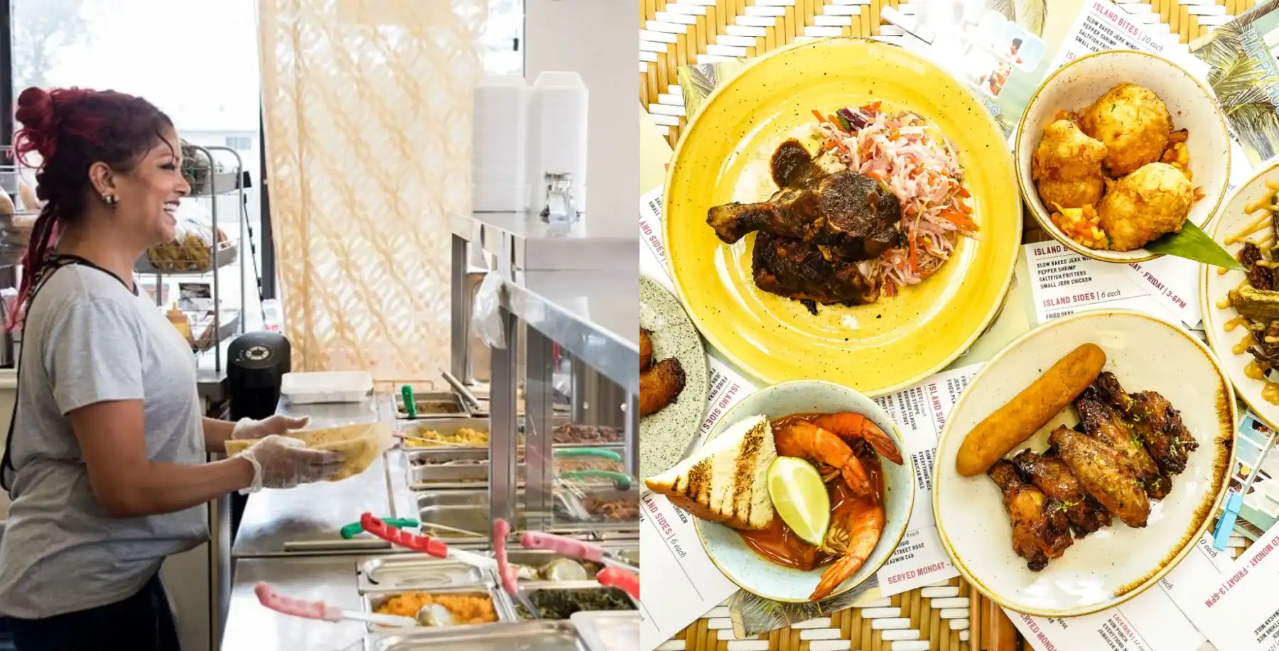 Freshly prepared Caribbean dishes served on vibrant plates at a Toronto restaurant, demonstrating diverse cuisine and delicious food options in Toronto.