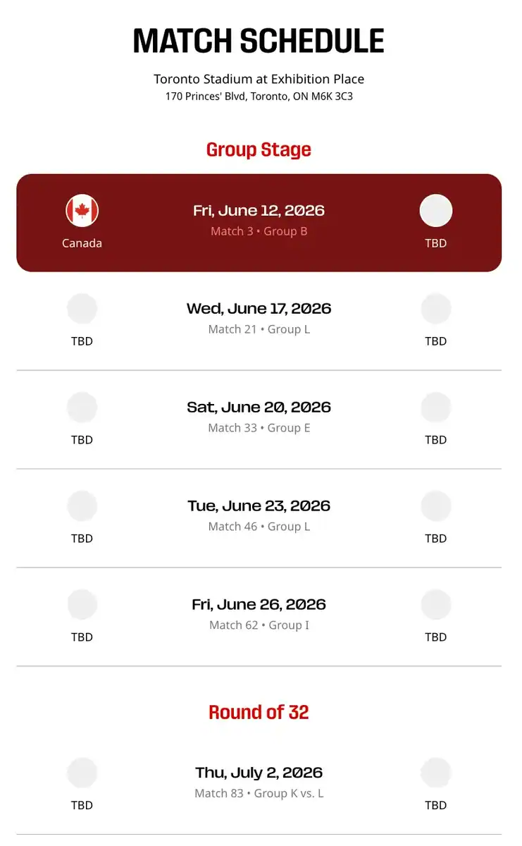 Schedule for Toronto FC's 2026 Major League Soccer season at Toronto Stadium at Exhibition Place.