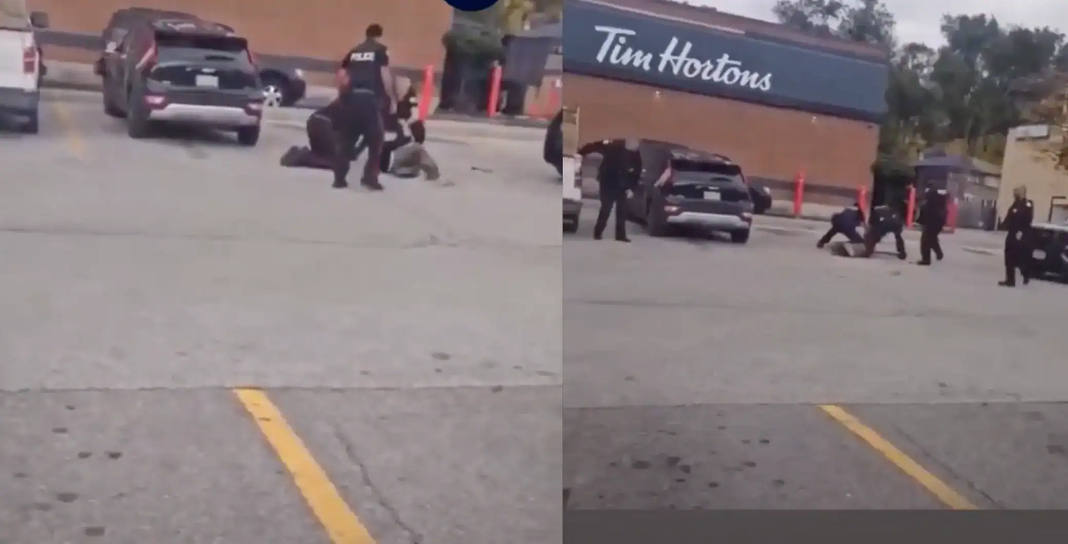 Suspicious activity involving police officers detaining a suspect outside a Tim Hortons in Toronto, Ontario.