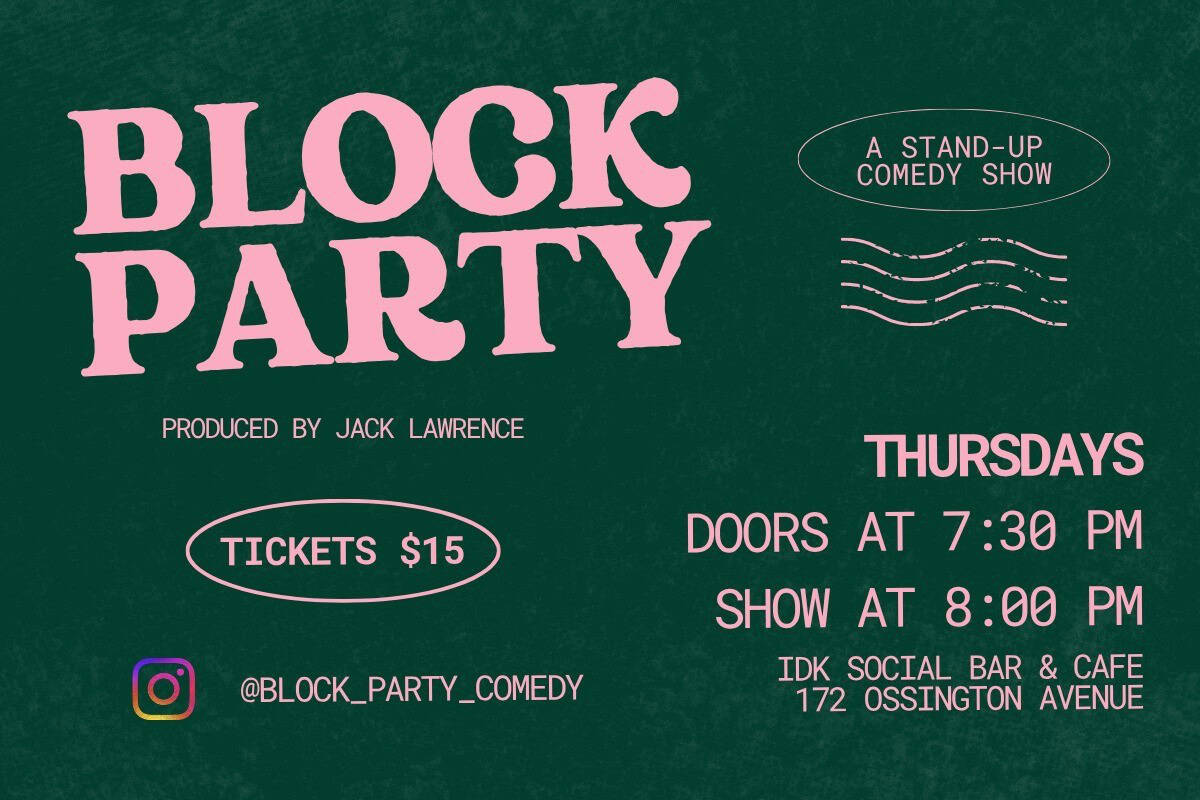 Vibrant poster for a stand-up comedy block party event in Toronto, featuring ticket info, show details, and venue at Ossington Avenue. Perfect for Toronto entertainment scene.