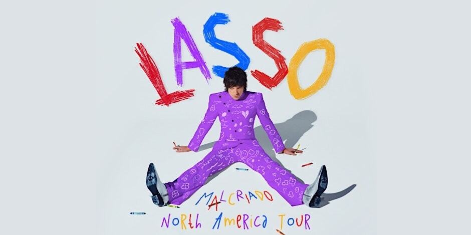LASSO album cover by ALCRIANO, colourful promotional poster for North American tour in vibrant purple and rainbow colours, showcase of contemporary music artist.