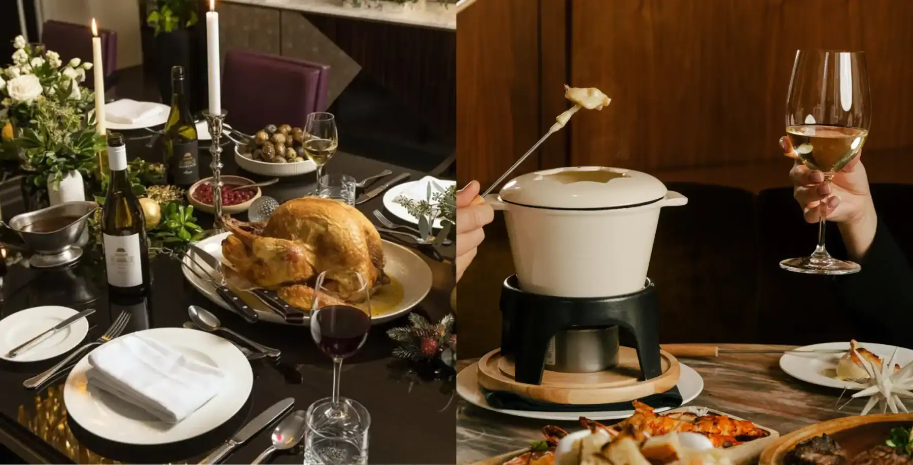 Festive holiday dinner table with turkey, wine, and Christmas decorations in a stylish Toronto restaurant.
