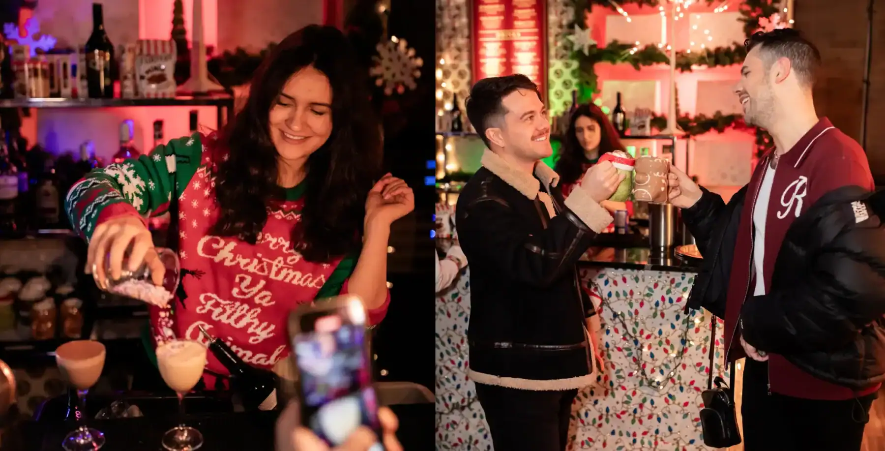 Festive friends enjoying holiday drinks at a decorated bar, celebrating Christmas in Toronto with joyful smiles and seasonal atmosphere, capturing the spirit of Christmas gatherings.