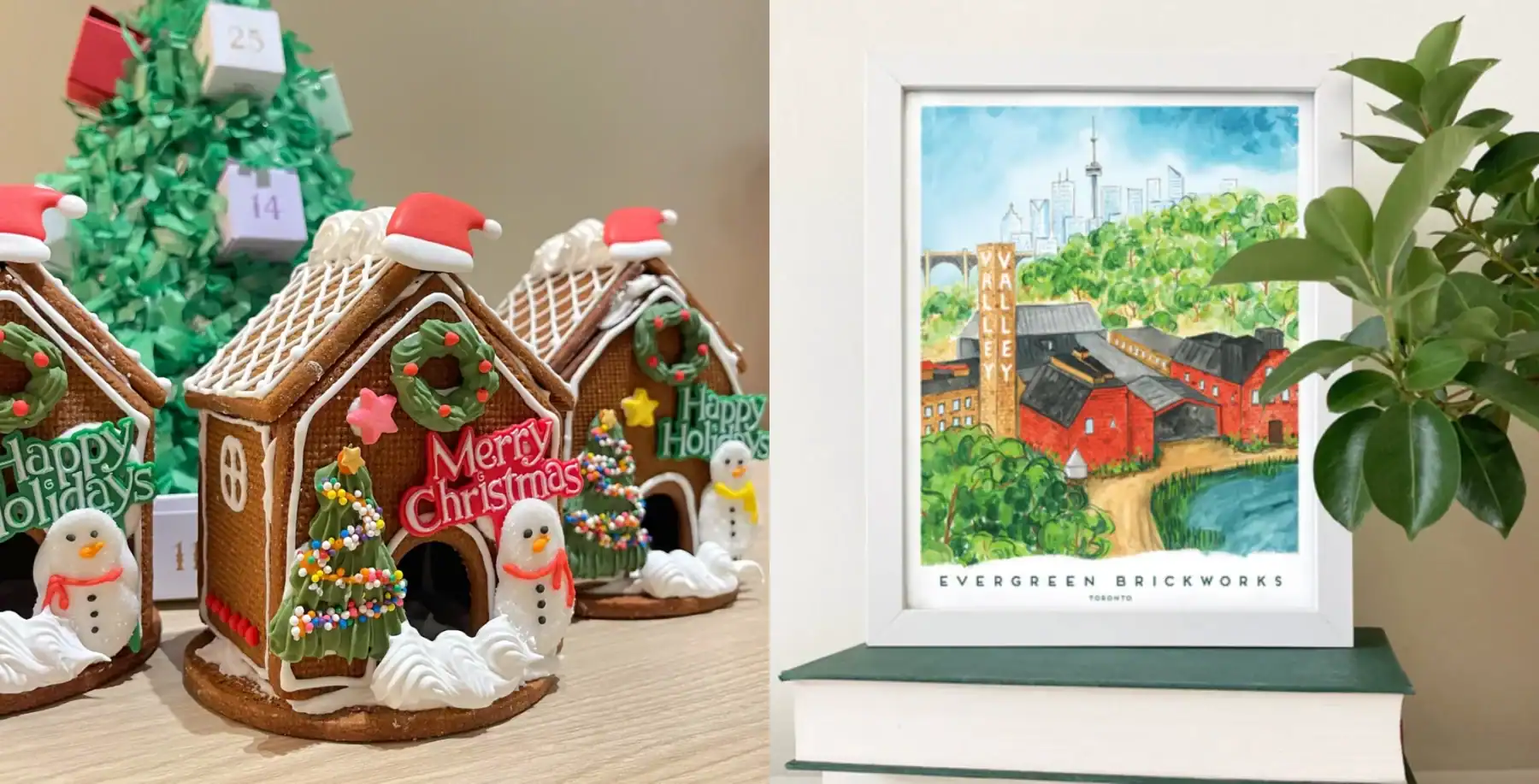 Colorful gingerbread houses decorated for Christmas with holiday banners and wreaths, festive holiday crafts, and Christmas scenes at NOW Toronto.