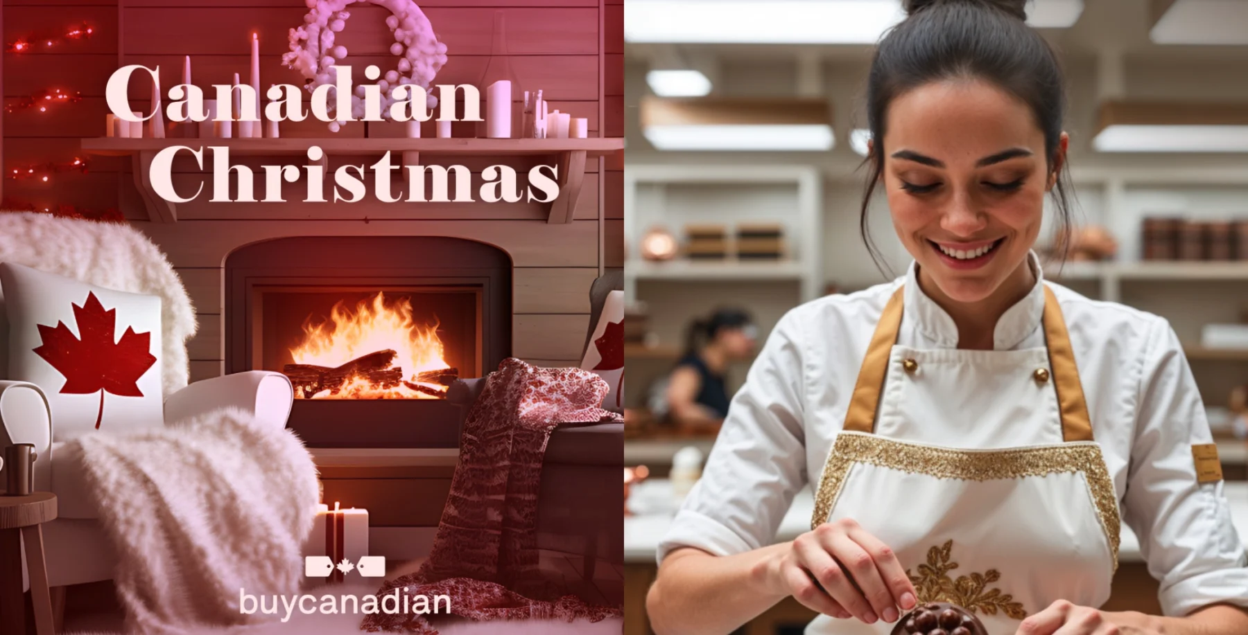 Cozy Canadian Christmas fireplace scene with festive decorations, Canadian maple leaf pillows, and warm ambiance.