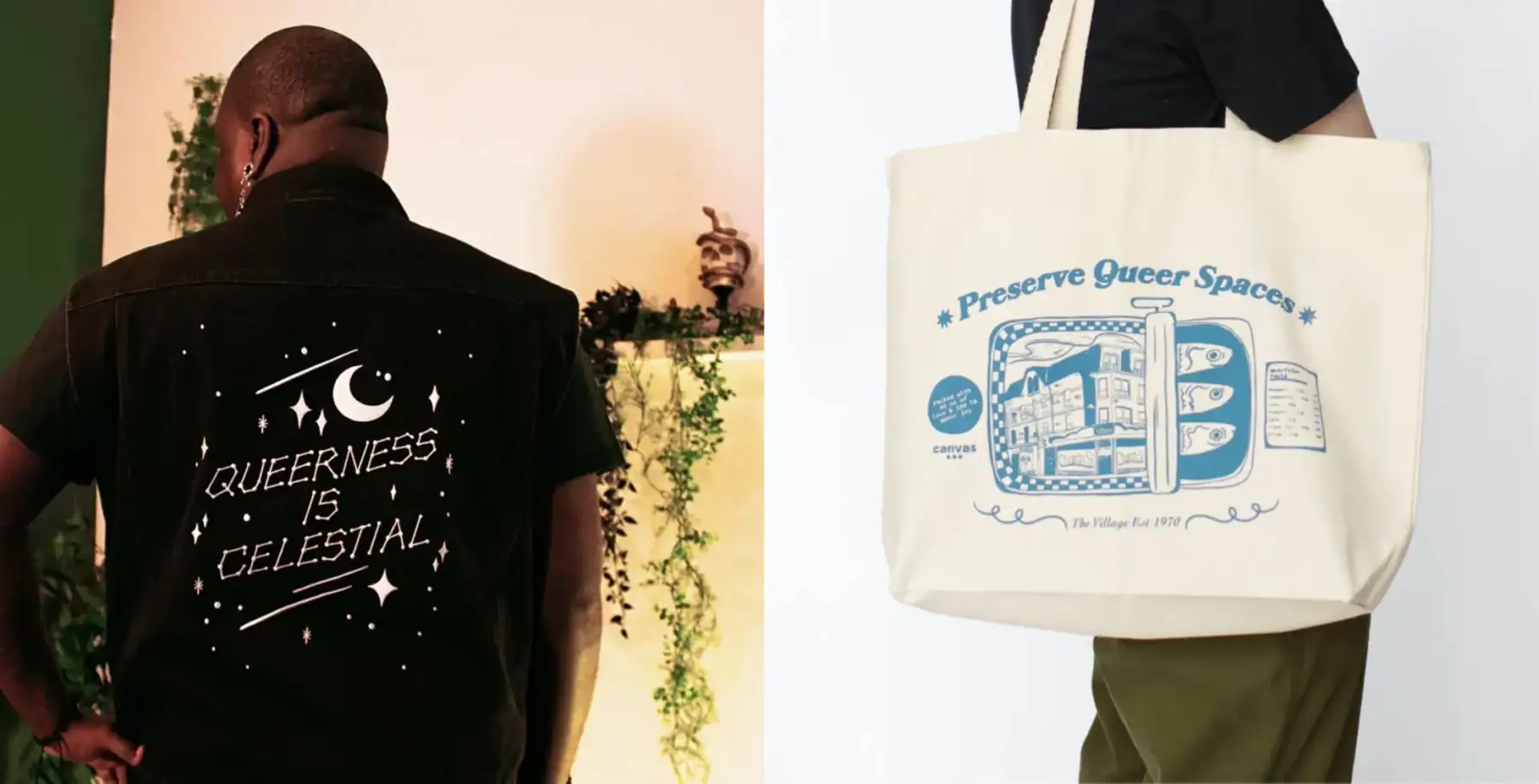 Celestial-themed queer pride denim vest with moon and stars, and eco-friendly tote bag promoting preserve queer spaces in Toronto, showcasing local arts and activism.