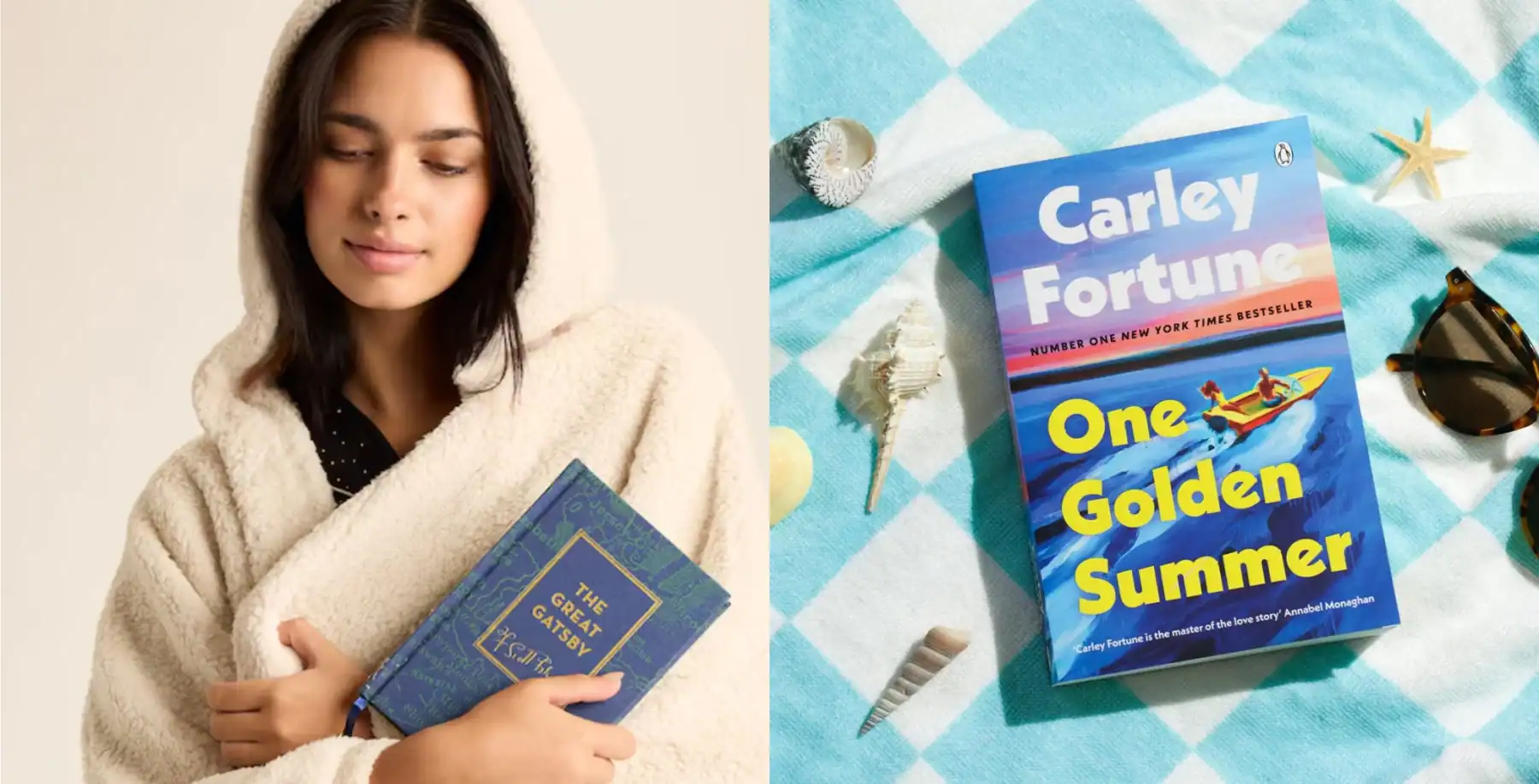 A woman reading "The Great Gatsby" book in cozy attire on a neutral background.