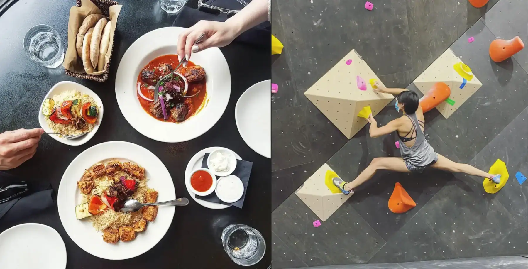Delicious Indian cuisine and a woman rock climbing at an indoor gym in Toronto, highlighting dining and recreation activities in the city.