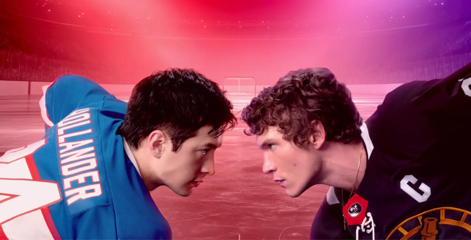 Intense face-off between two hockey players on ice rink, showcasing sports rivalry and competition, vibrant pink background, focused on athleticism, teamwork, and Toronto hockey events.
