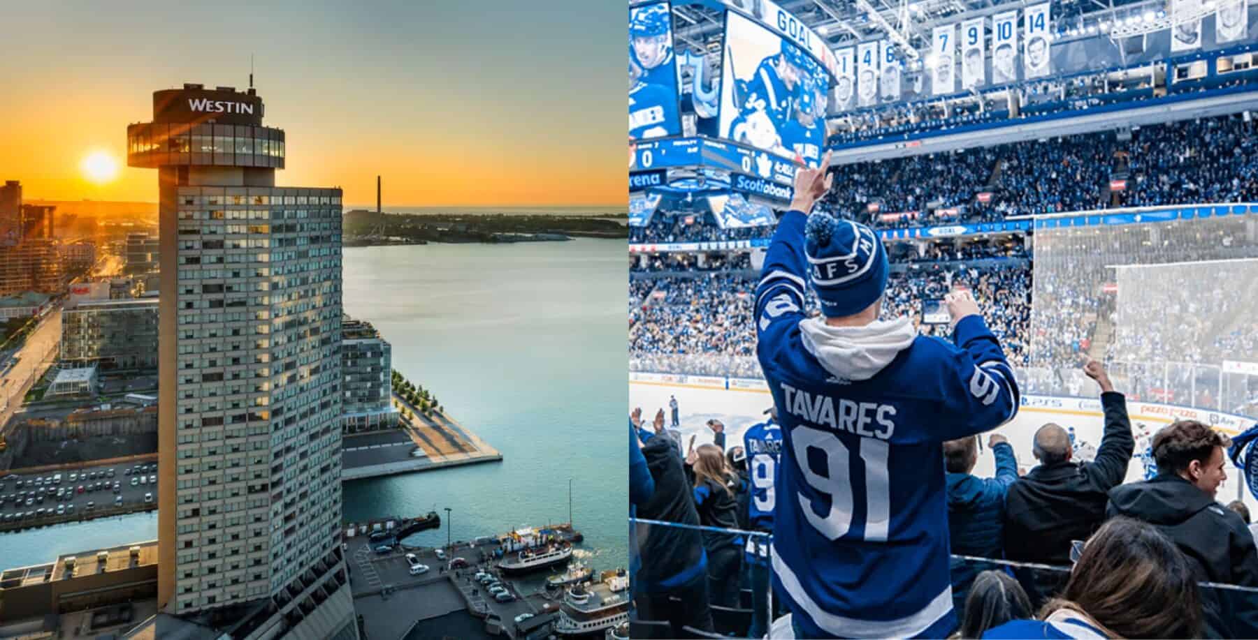 Vibrant Toronto skyline at sunset, showcasing the Westin Harbour Castle hotel by Lake Ontario; lively hockey fans cheering at a Toronto Maple Leafs game in the arena.