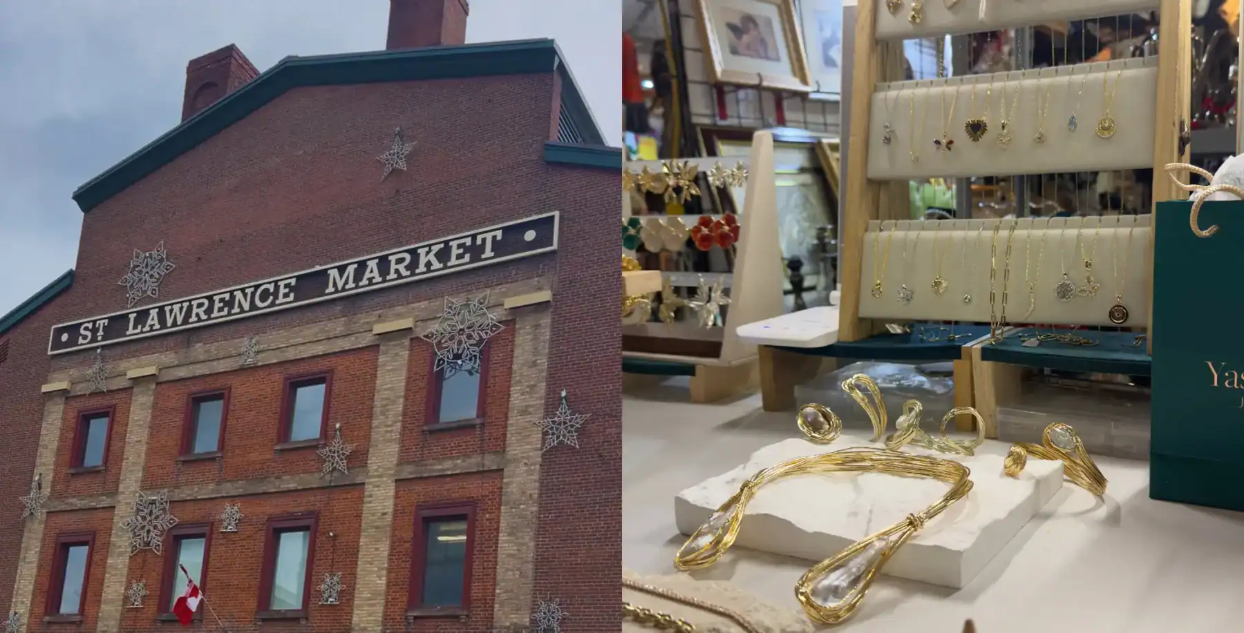 Elegant gold jewelry display featuring necklaces and rings at a Toronto artisan market.