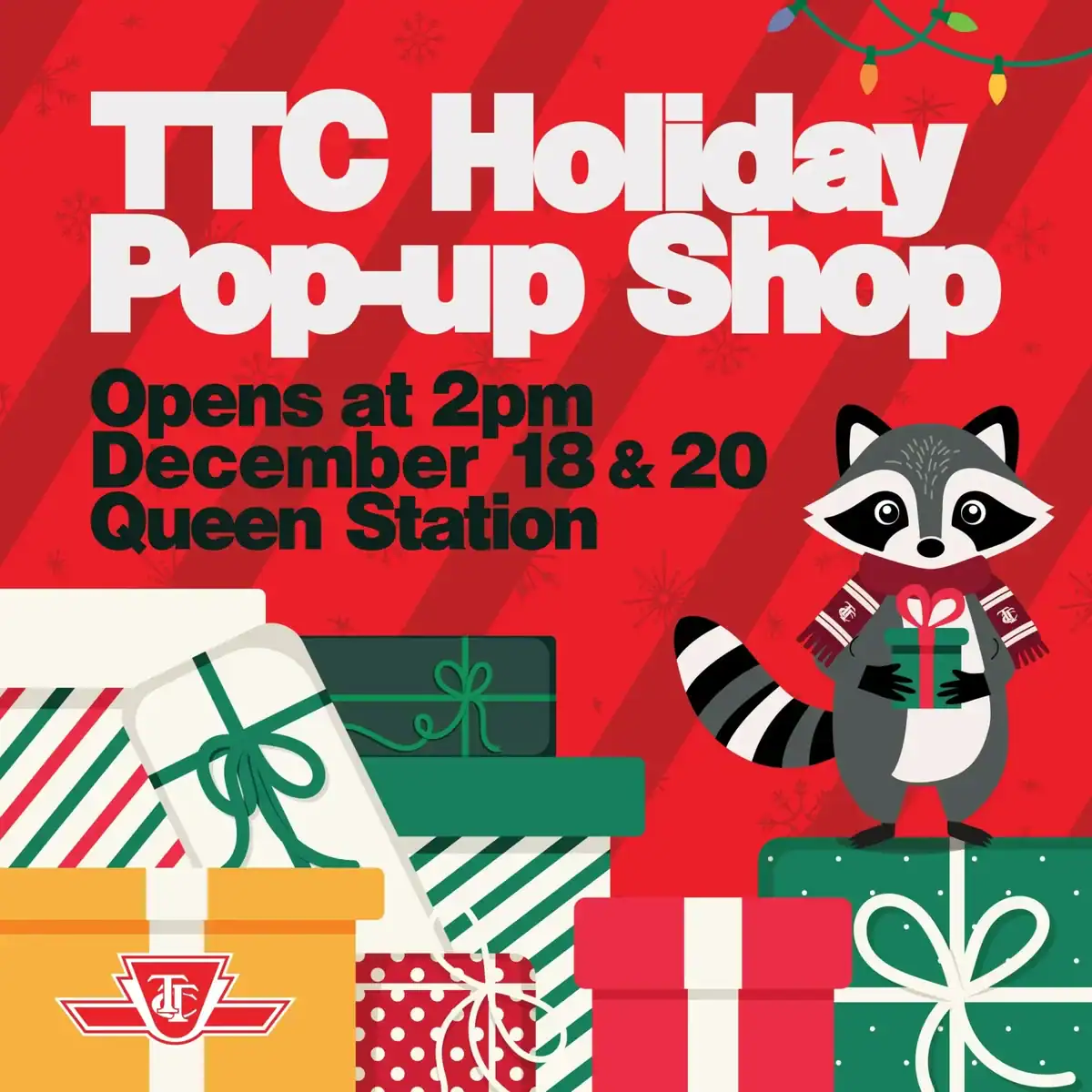 Festive raccoon holding gift box at holiday pop-up shop near Queen Station in Toronto.