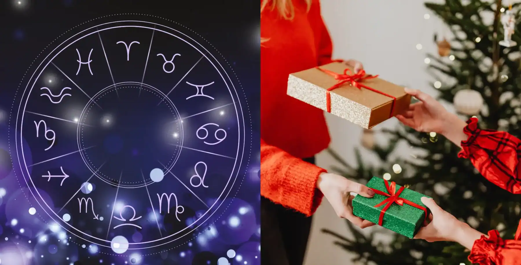 Horoscope zodiac wheel with astrology symbols and Christmas gift exchange scene with holiday decorations and gifts in Toronto.