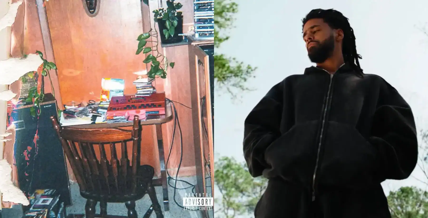 Cluttered home office corner with wooden desk, chair, plants, books, and electronic devices in a casual setting.