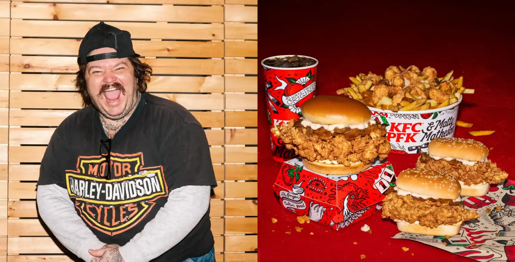 Delicious KFC fried chicken sandwiches with fries and soda, set against a festive red background, showcasing Toronto's popular fast food scene.