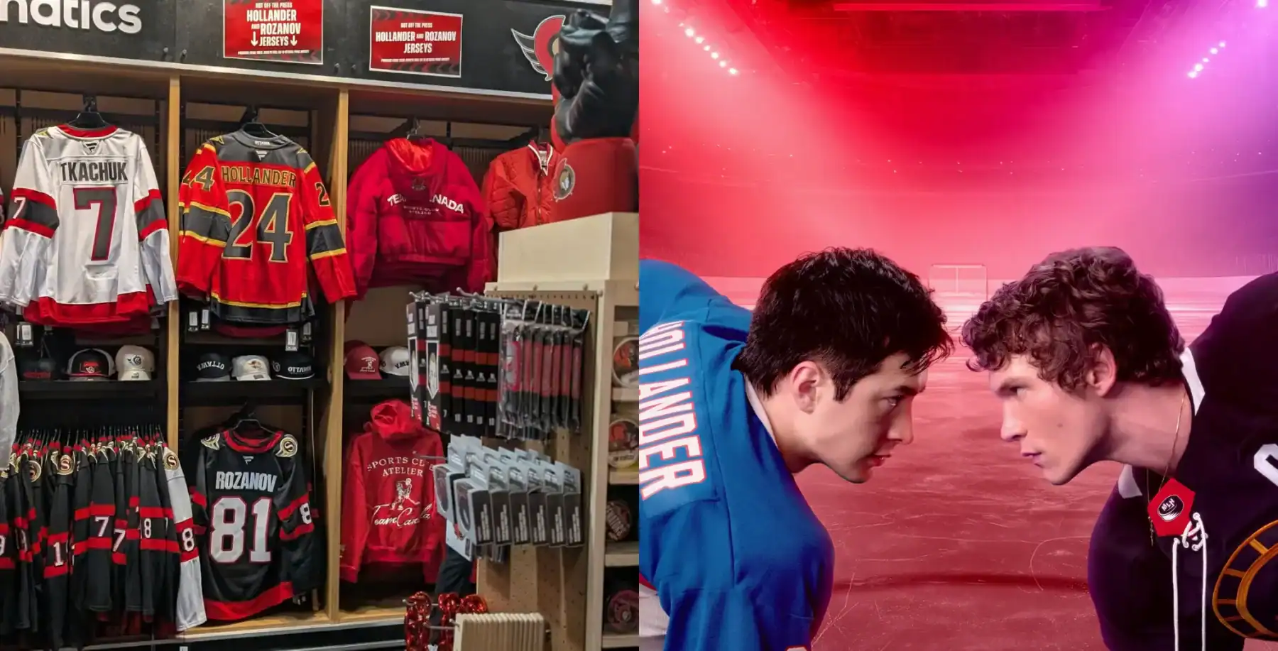 Ottawa Senators hockey jerseys and merchandise, beside two hockey players face-to-face in a puck battle scene, vibrant ice rink backdrop, Canadian sports culture, team apparel, NHL hockey fan gear.