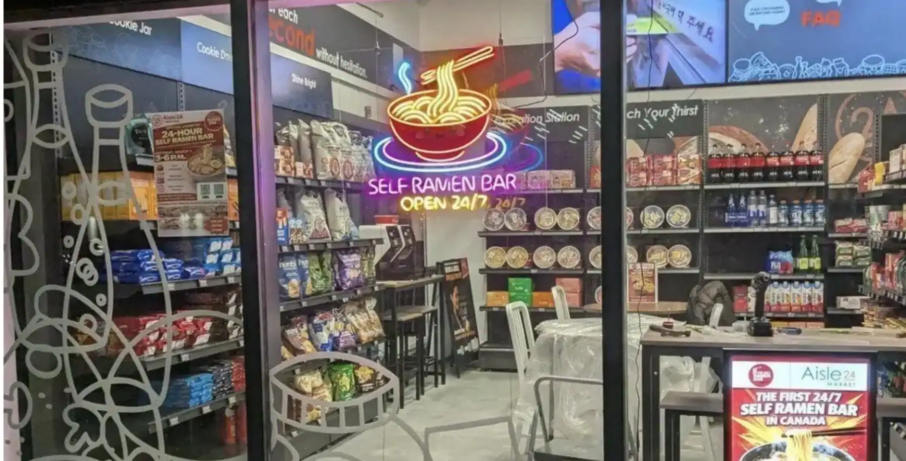 Bright neon sign for 24/7 self-serve ramen bar in Vaughan, showcasing a modern interior with shelves of ramen ingredients and seating area for late-night dining.
